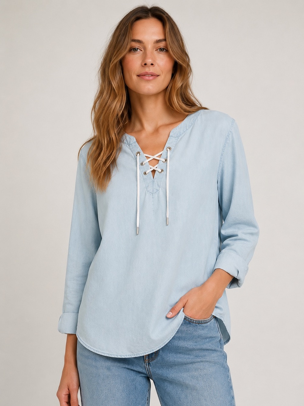 Rails Light Wash Denim Tencel Lace-Up Tunic Blouse | Size S